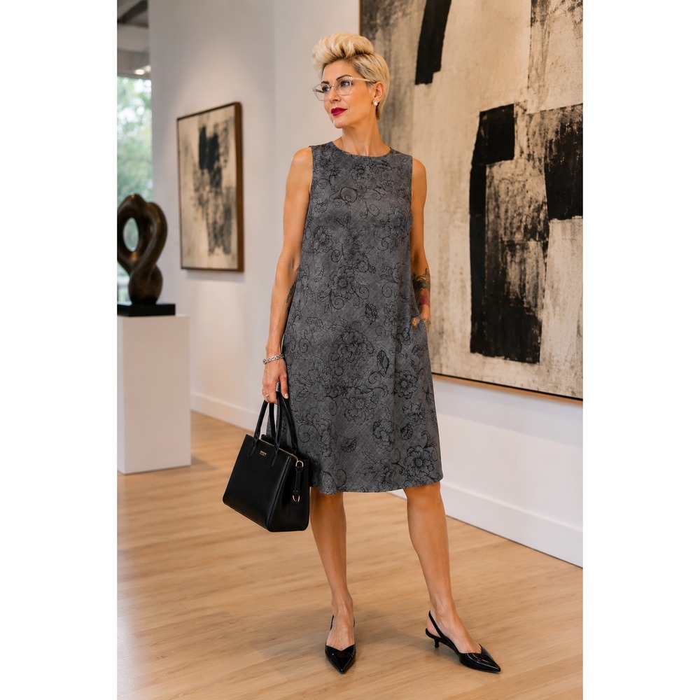 Tommy Bahama 100% Silk Dress 8 Gray Floral A-Line Sleeveless Midi Round Neck
